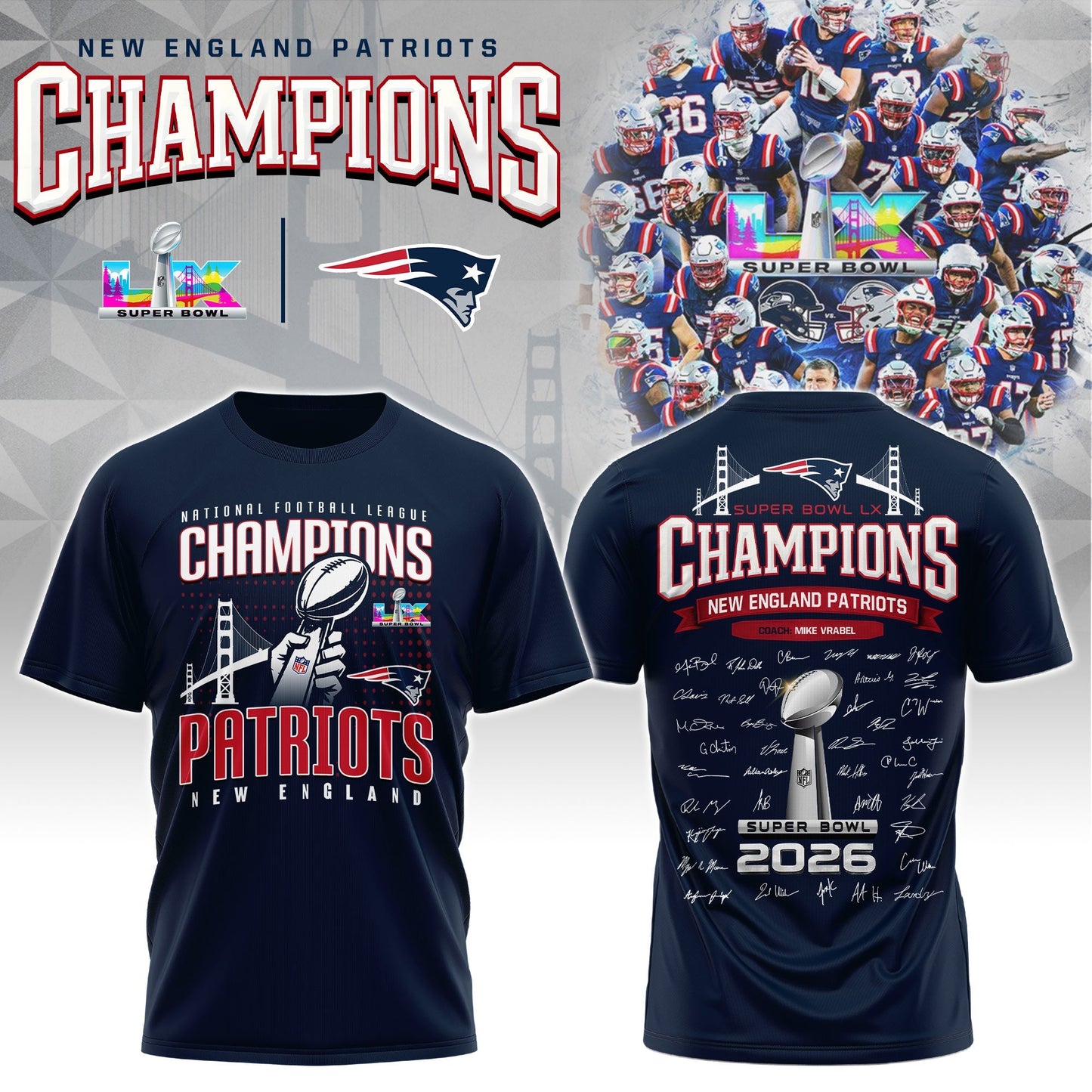 New England Patriots“ Super Bowl LX 2025 Champions T-Shirt