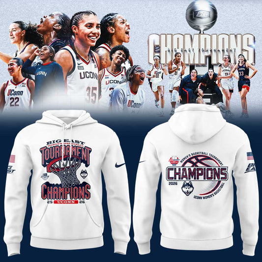 UConn Women™s Basketball 2026 BIG EAST Tournament Champions White Hoodie V2