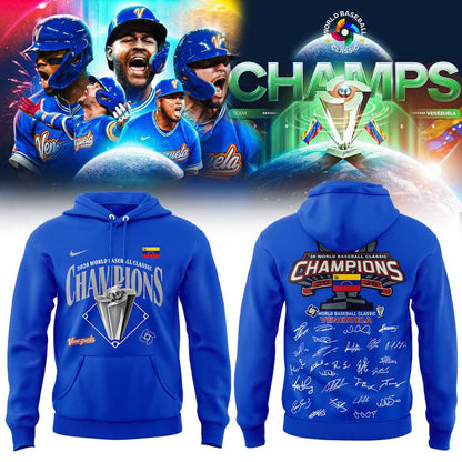 Team Beisbol Venezuela 2026 World Baseball Classic Champions Signature Blue Hoodie