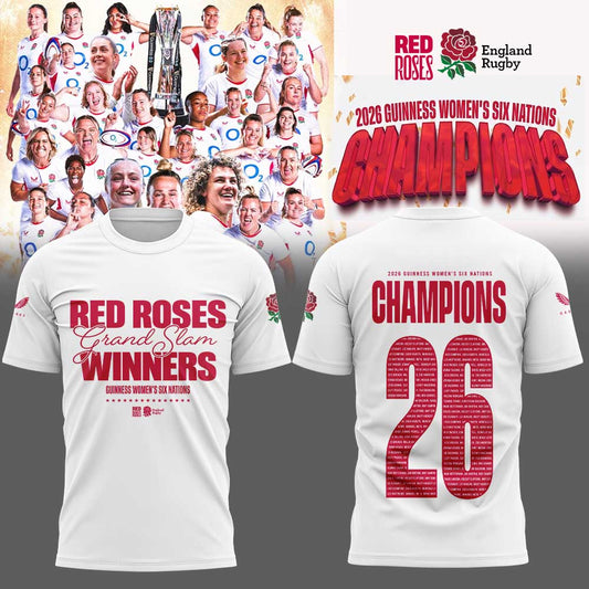 England Red Roses 2026 W6N Grand Slam Winners Graphic Champions Shirt White V2