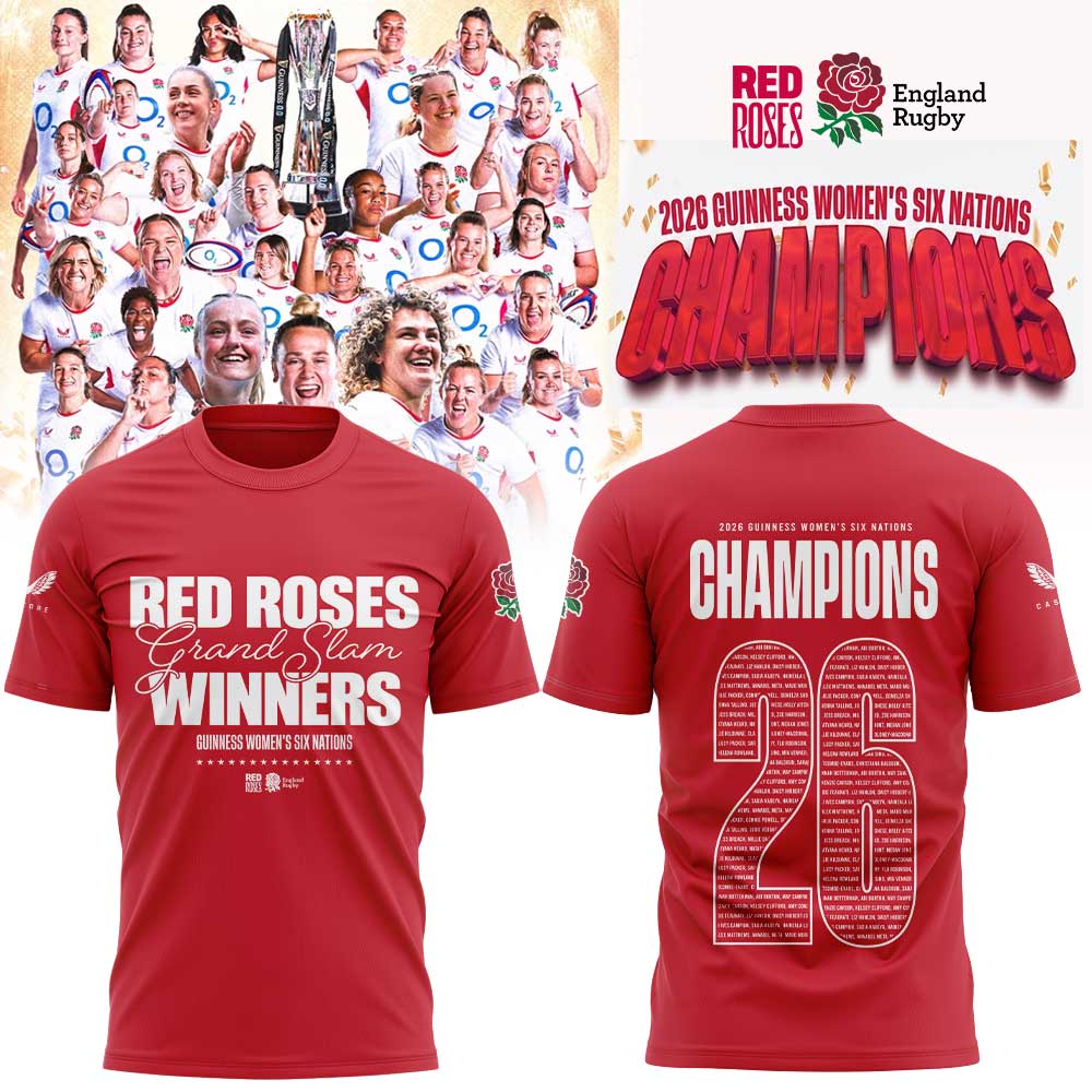 England Red Roses 2026 W6N Grand Slam Winners Graphic Champions Shirt Red V2