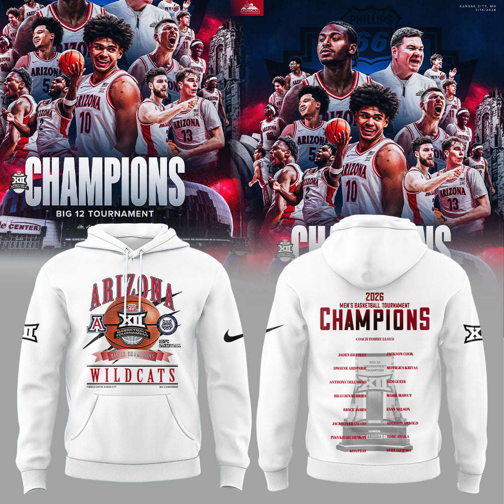 A Wildcats 2026 Big 12 Men™s Basketball Tournament Championship White Hoodie V2