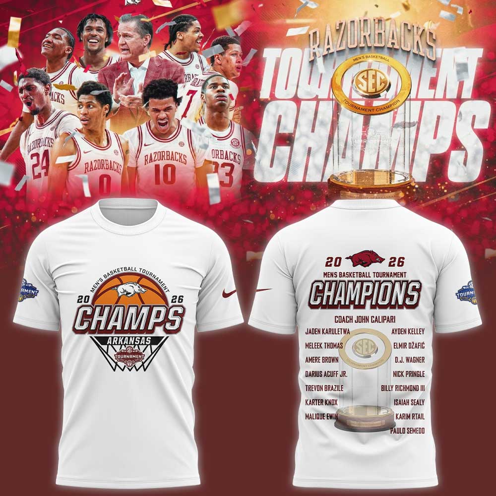 A Razorbacks Basketball 2026 SEC Men™s Basketball Tournament Champions White Shirt