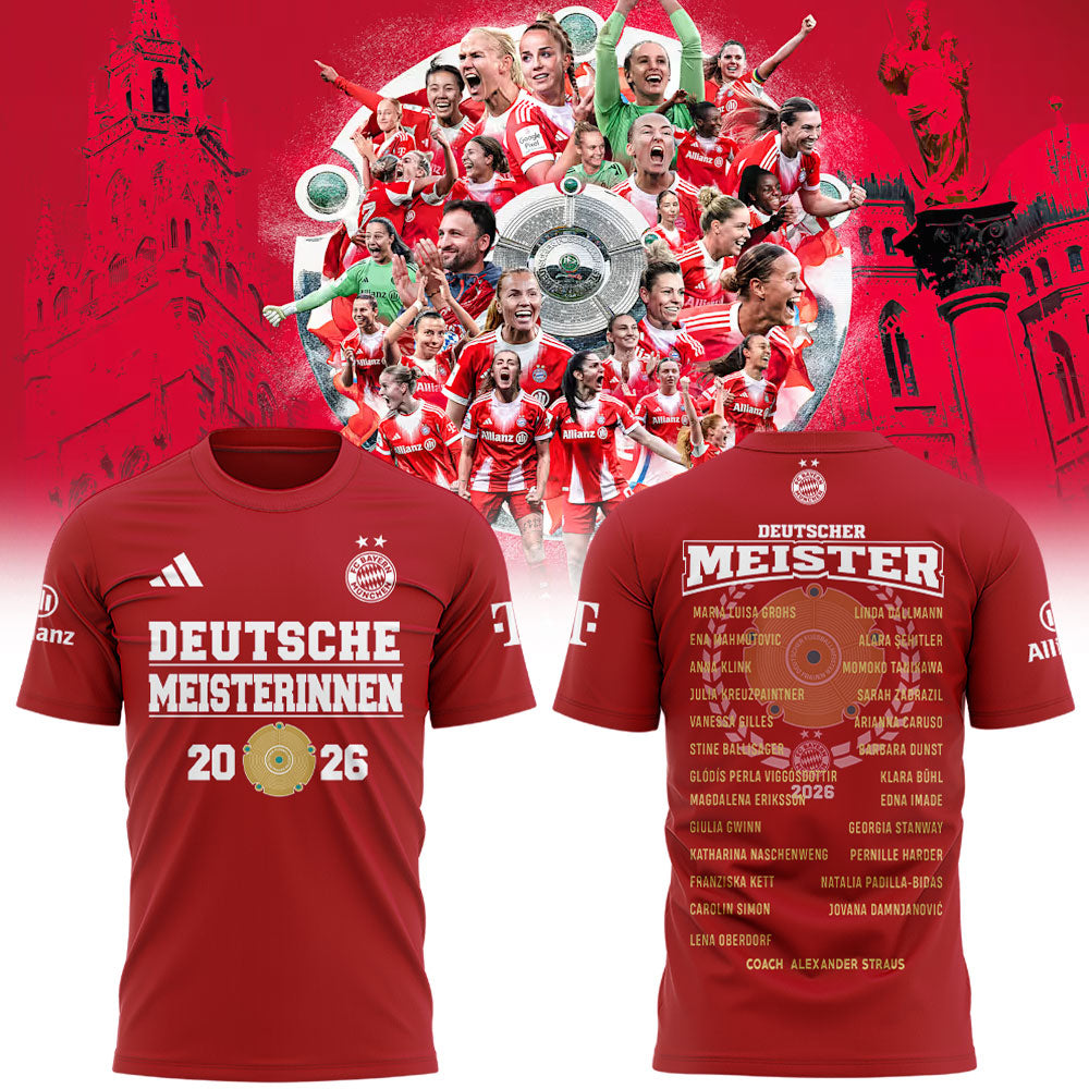 FC Bayern Frauen 𝑴𝑬𝑰𝑺𝑻𝑬𝑹𝑰𝑵𝑵𝑬𝑵 𝟐𝟎𝟐𝟔 Has Won The Women’s Bundesliga Title For The Fourth Consecutive Time Shirt Red