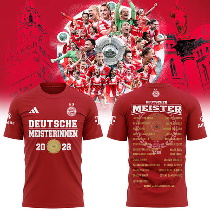 FC Bayern Frauen 𝑴𝑬𝑰𝑺𝑻𝑬𝑹𝑰𝑵𝑵𝑬𝑵 𝟐𝟎𝟐𝟔 Has Won The Women’s Bundesliga Title For The Fourth Consecutive Time Shirt Red
