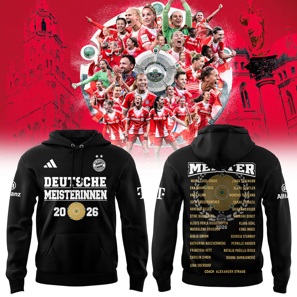 FC Bayern Frauen 𝑴𝑬𝑰𝑺𝑻𝑬𝑹𝑰𝑵𝑵𝑬𝑵 𝟐𝟎𝟐𝟔 Has Won The Women’s Bundesliga Title For The Fourth Consecutive Time Hoodie Black