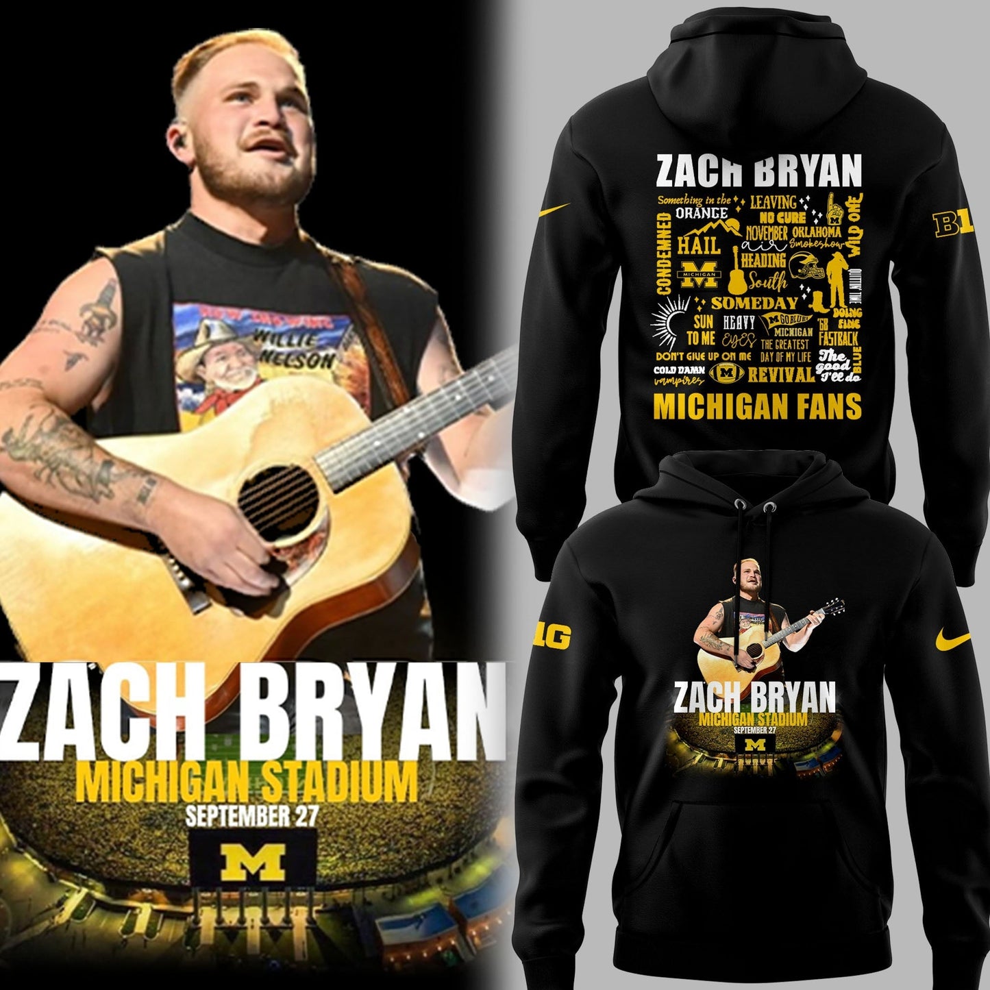 Limited Edition Michigan Fb Zach The Quittin™ Time Tour 2025 Michigan Stadium Black Hoodie