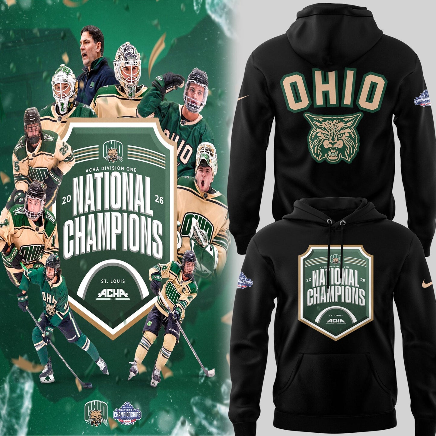Limited Edition Ohio Bobcat ACHA National Champions 2026ðŸ†Hoodie