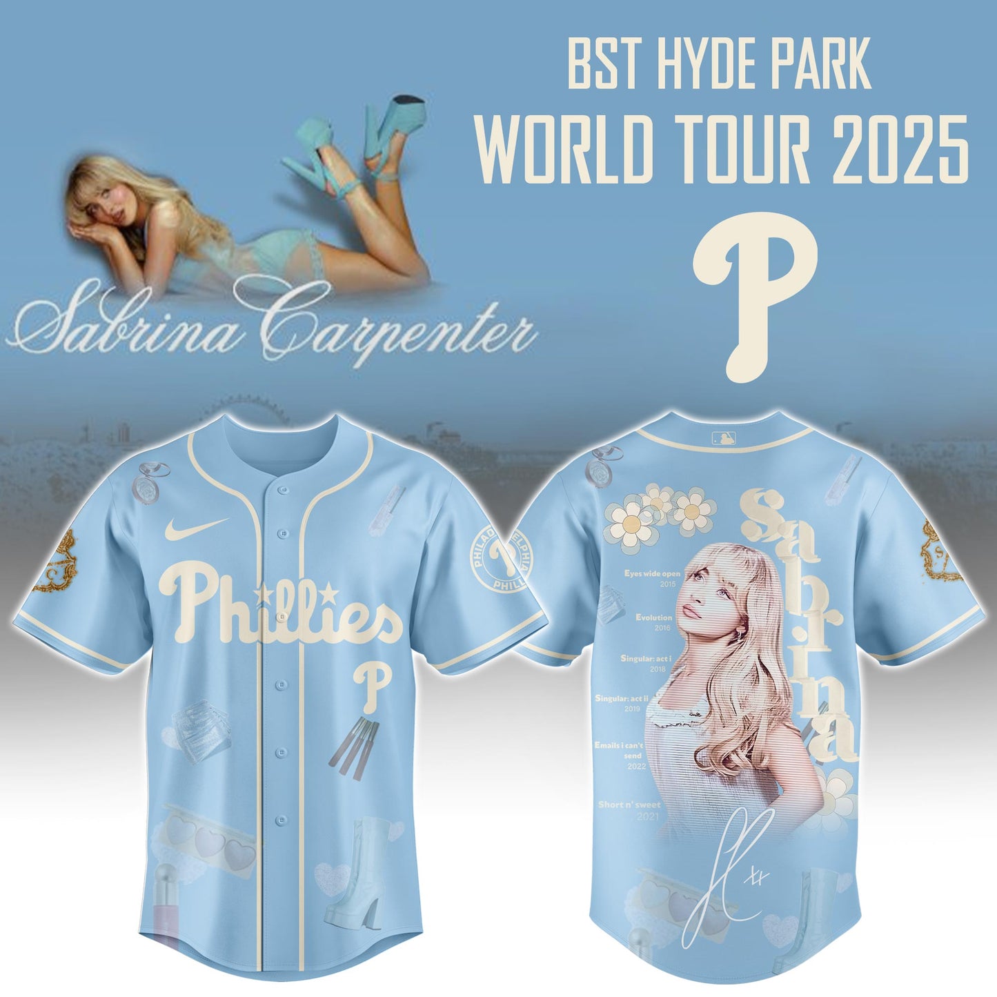 P Phillies x Sabrina Carpenter Short  Sweet Tour Jersey Editions Limited +Selling Out Fast