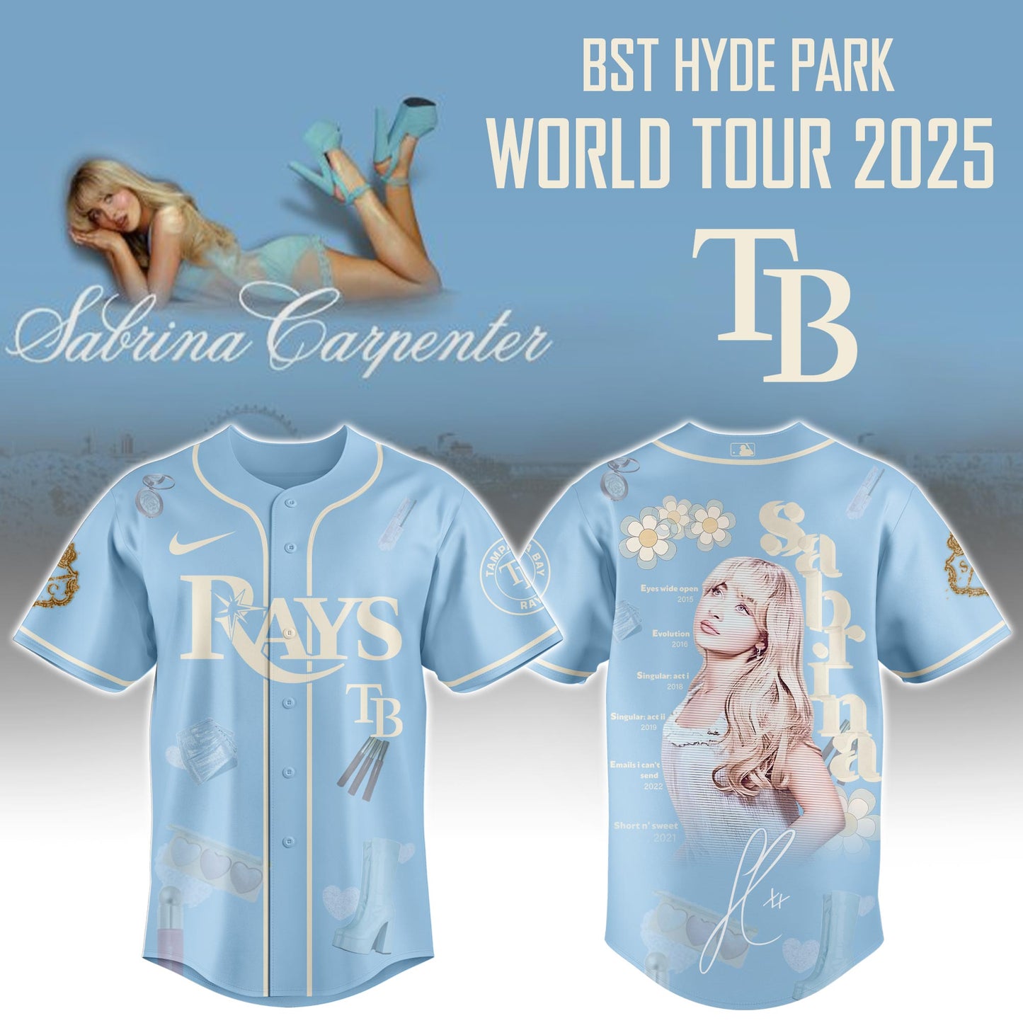 T B Rays x Sabrina Carpenter Short  Sweet Tour Jersey Editions Limited +Selling Out Fast