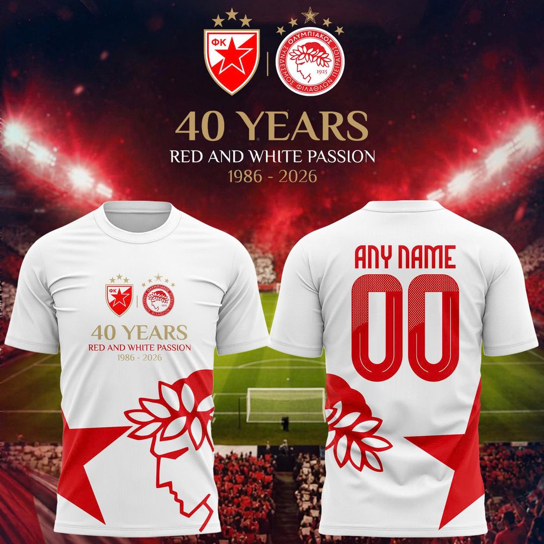 (Custom Name/Number) Olympiacos FC 40 Years of Red & White Passion Anniversary T-Shirt